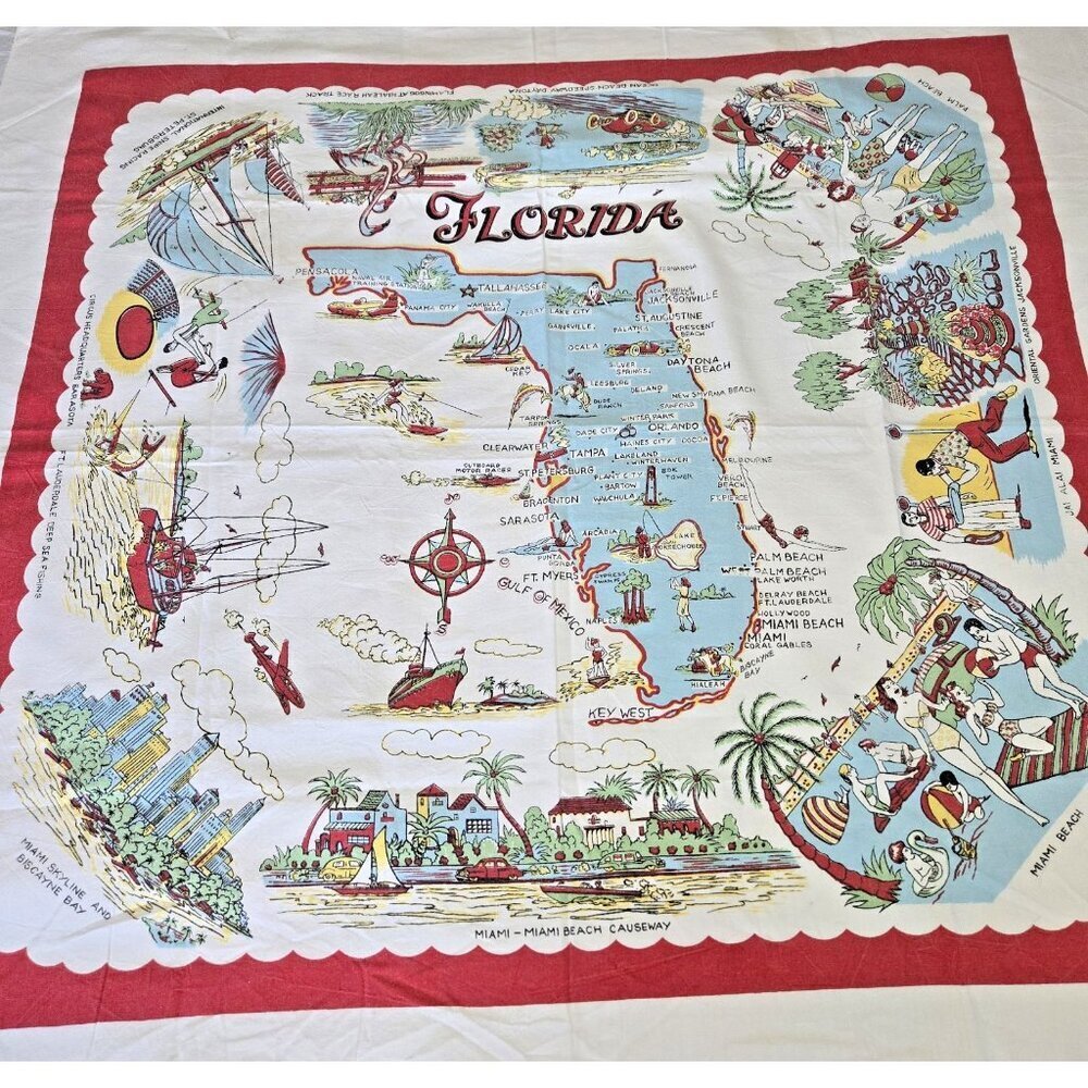 Vintage 1950s Florida Souvenir Map Tablecloth Palm Beach Mid Century 46x43